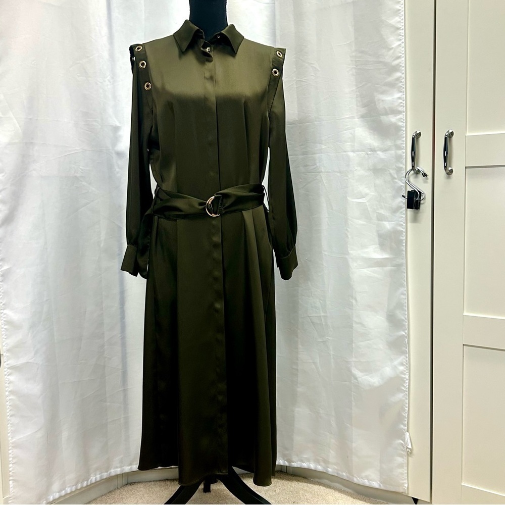 Zara Army green satin effect Grommet Eyelet Split Hem Belted Shirt Dress M NWT - Picture 4 of 14
